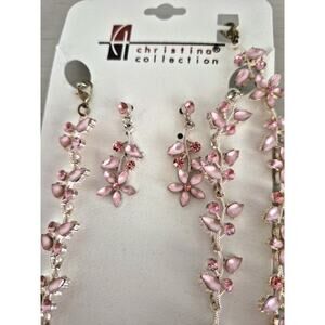 Pink Rhinestone Floral Necklace and Earring Set